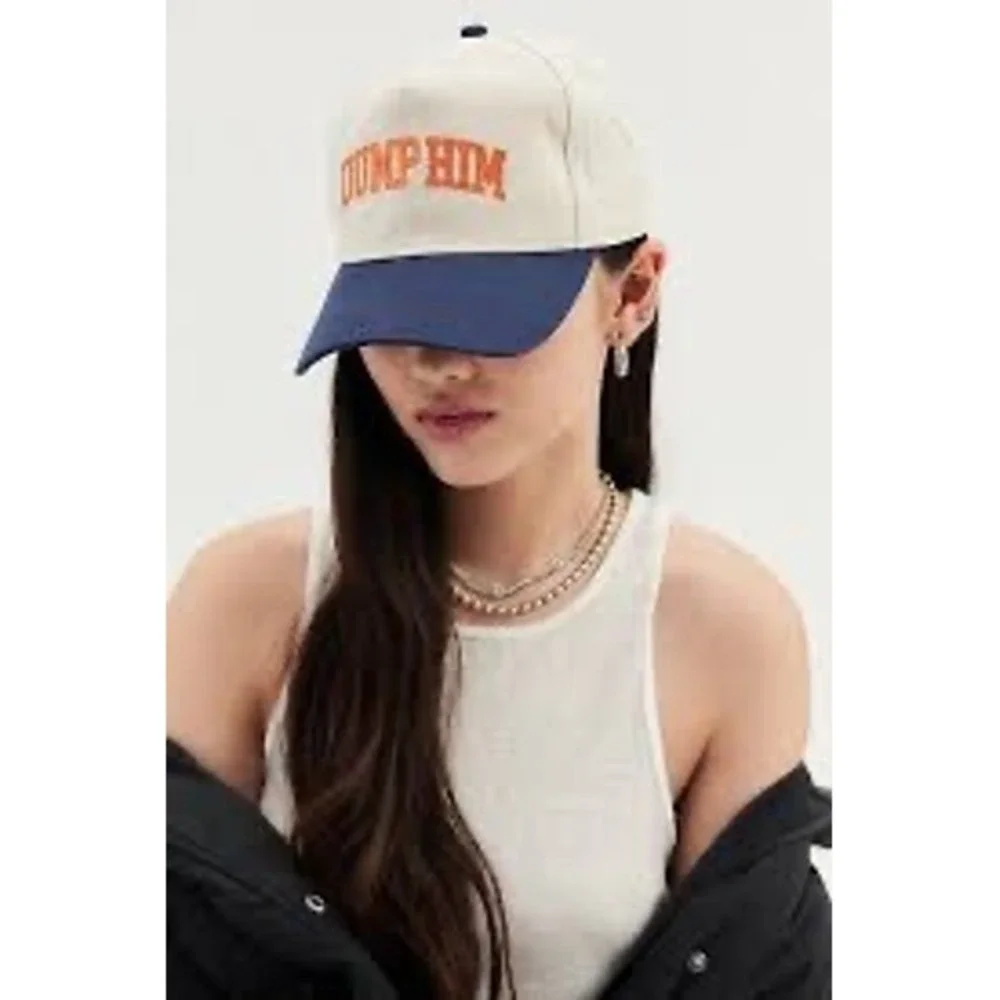 Urban Outfitters Dump Him Baseball Cap Cream Navy Blue Orange Embroidered Hat